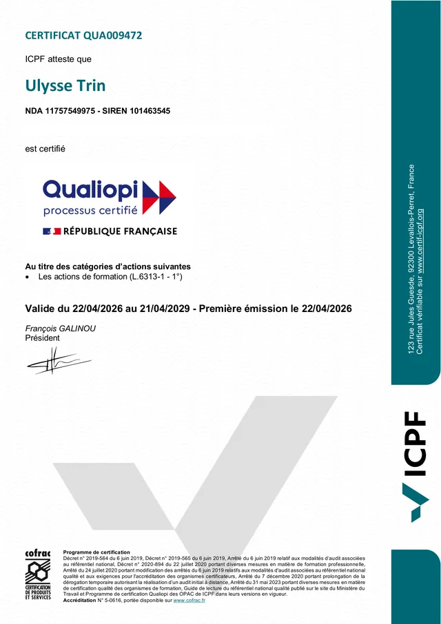 Qualiopi, certificate issued to Ulysse Trin