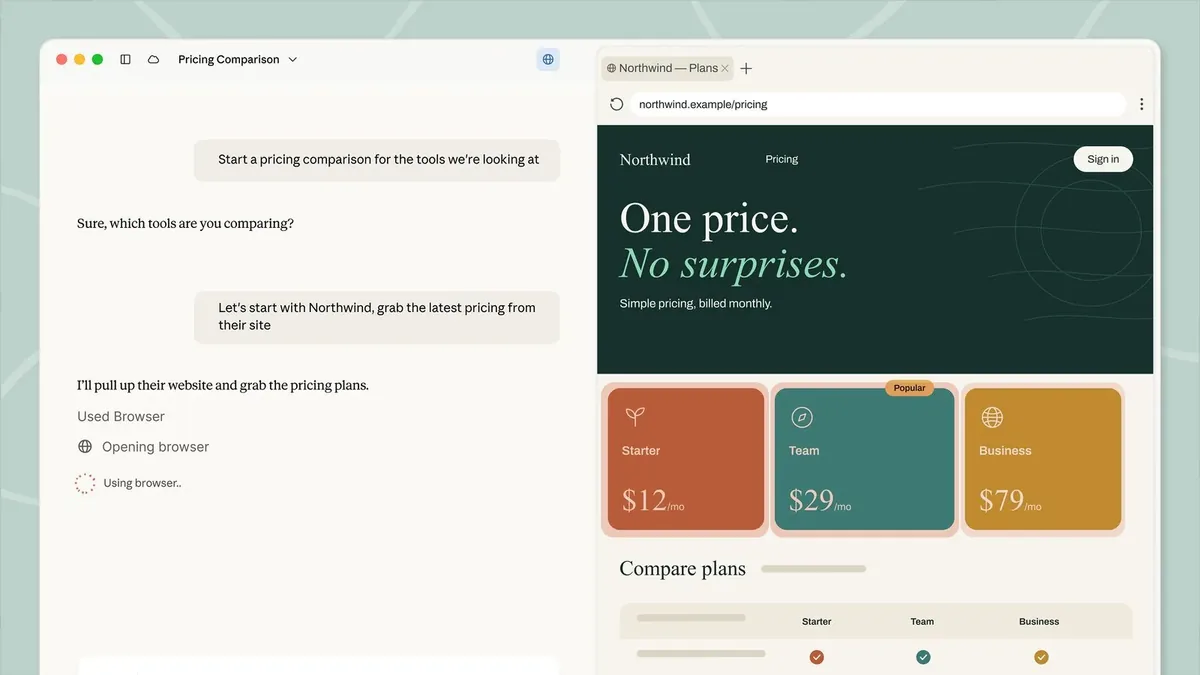 Claude Cowork interface: a conversation on the left, the agent-driven browser on the right