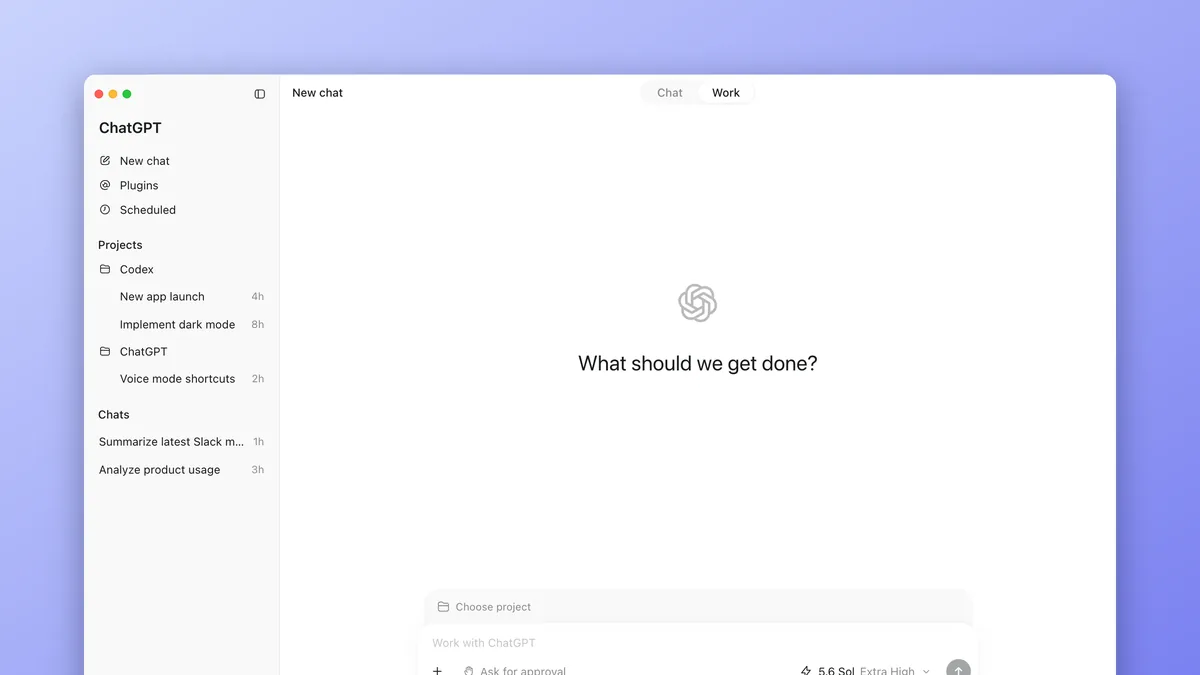 ChatGPT app in Codex mode: projects on the left, the prompt “What should we get done?” in the centre