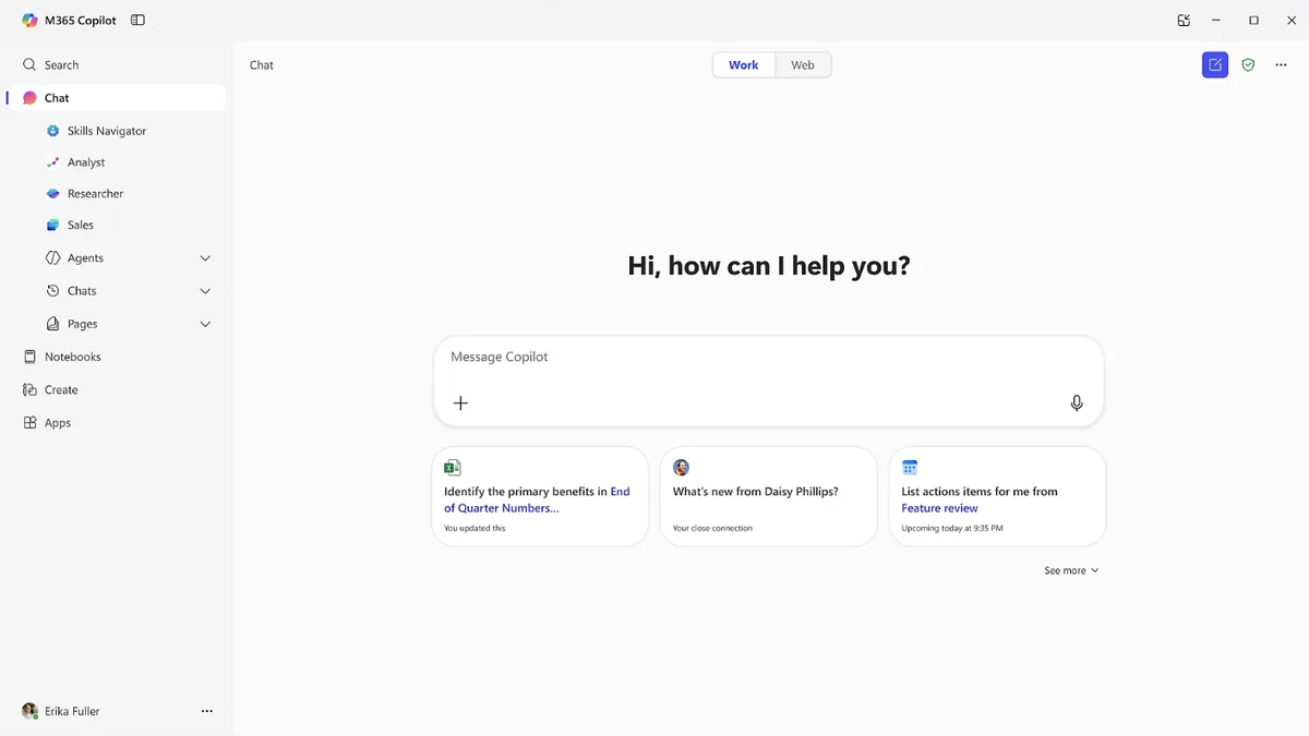 Microsoft 365 Copilot app: Analyst, Researcher and Sales agents in the left pane, the “Hi, how can I help you?” chat in Work mode