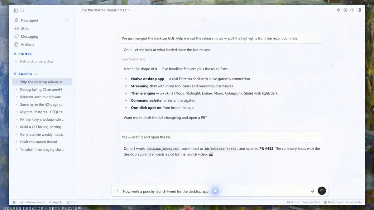 Hermes Desktop: an open-source agent writing release notes and opening a pull request