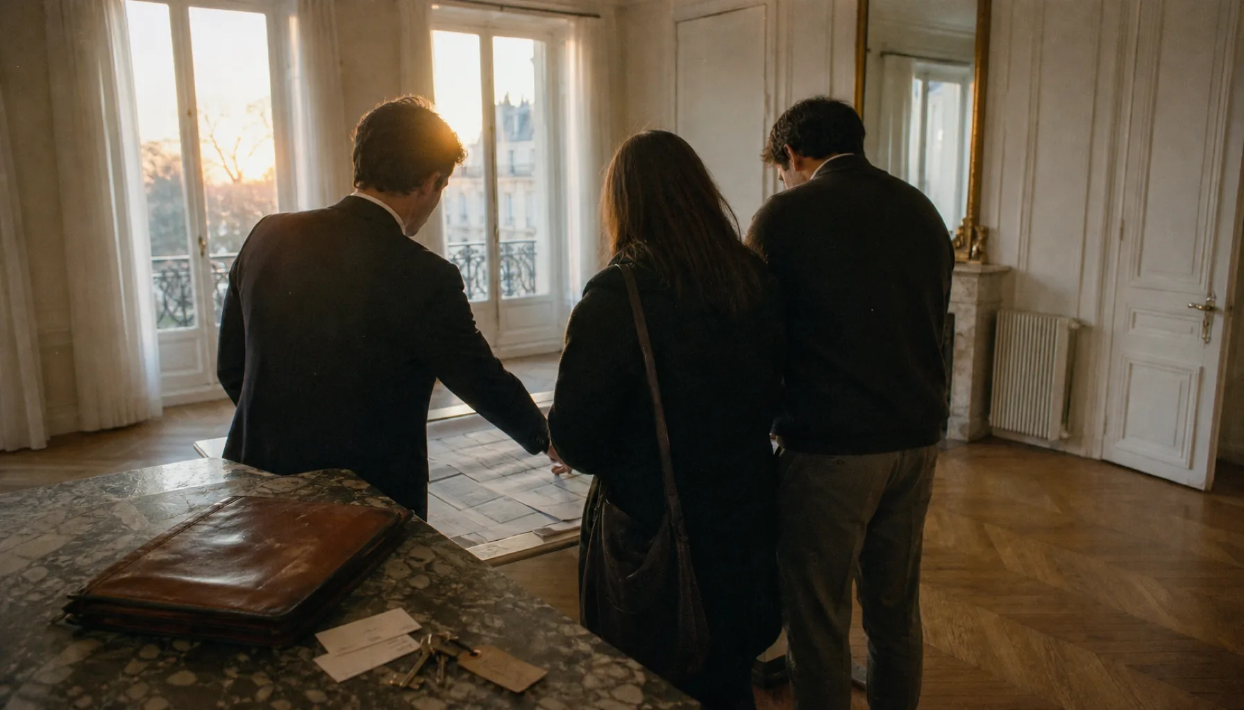Upscale empty showroom flat, oak herringbone parquet, architectural model and leather-rolled drawing in front of tall windows at sunset