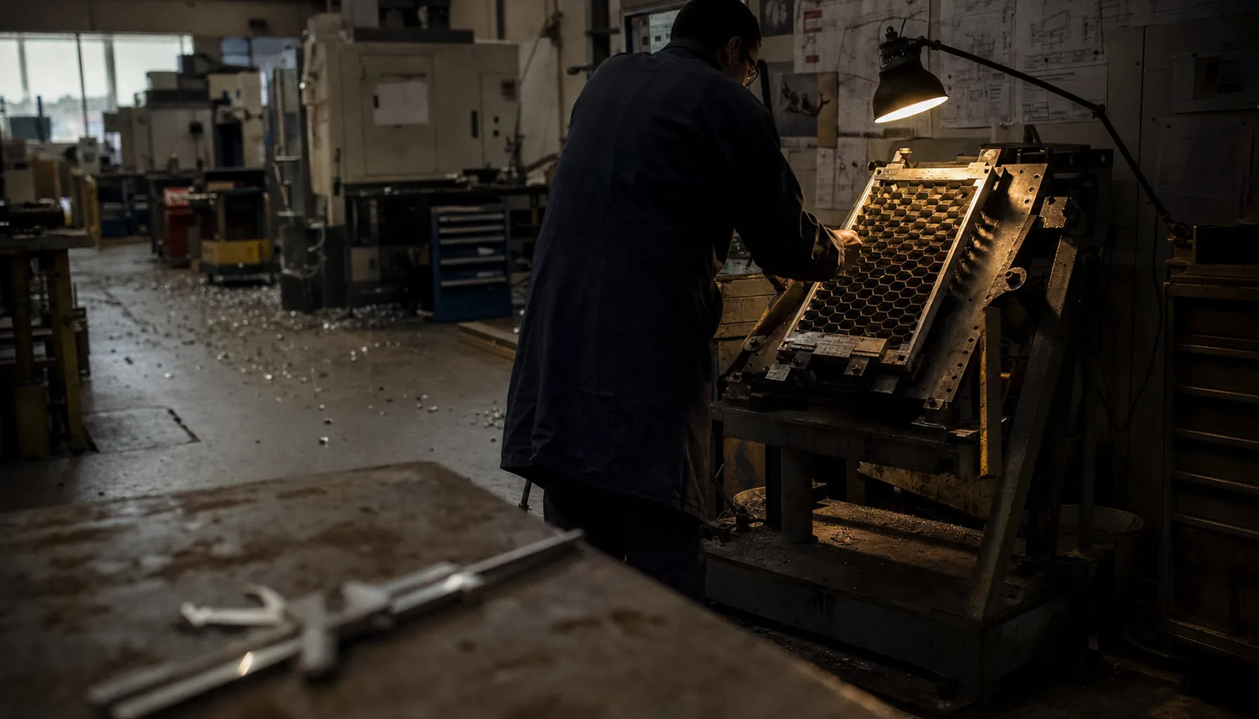 Industrial engineering lab: warm spotlight on a precision metal instrument on a brushed steel workbench