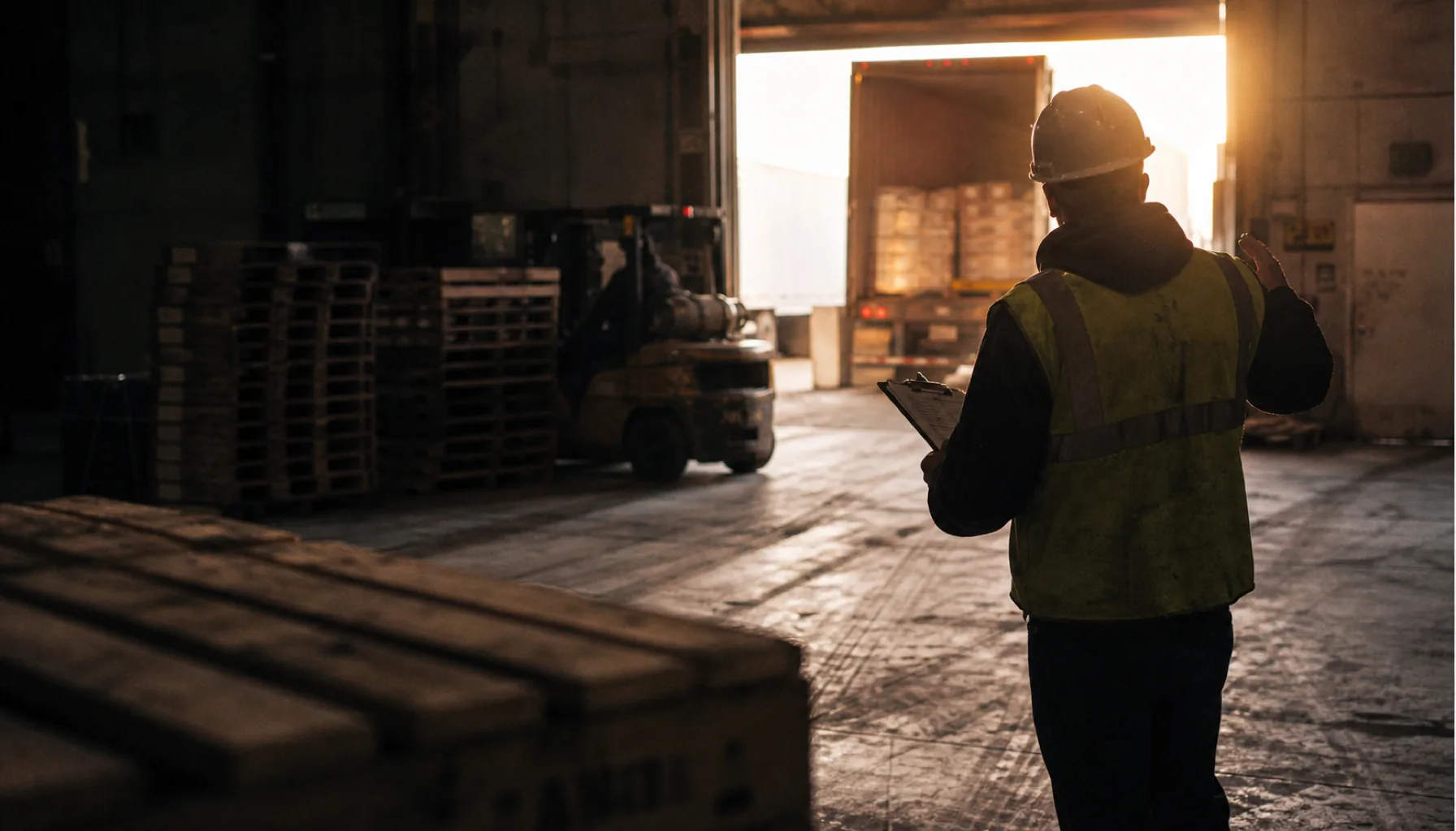 Warehouse dock at night: forklift silhouette, warm sodium light from the doorway, concrete floor
