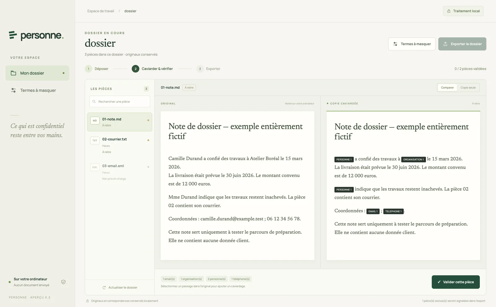 Personne: original and redacted copy side by side, fictional data