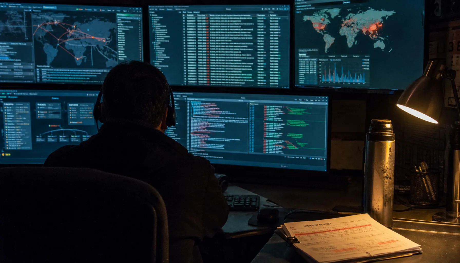 Cybersecurity operations center detail with amber-tinted monitors and brass magnifying glass